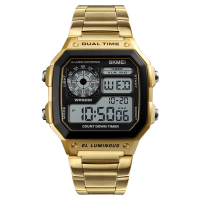 Digital Stainless Steel Watch with 50M Water Resistance - Gold