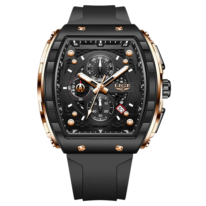 Square Quartz Wristwatch for Men with Chronograph - Rose Gold Black