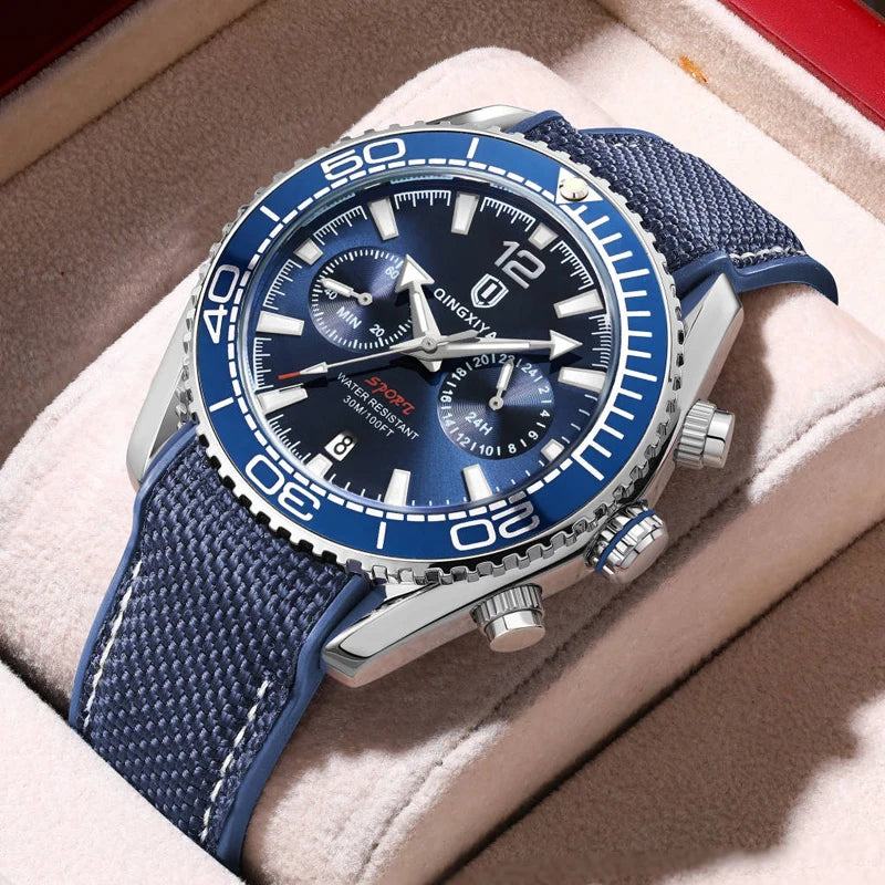 Sport Chronograph Quartz Watch with Silicone Strap - Blue
