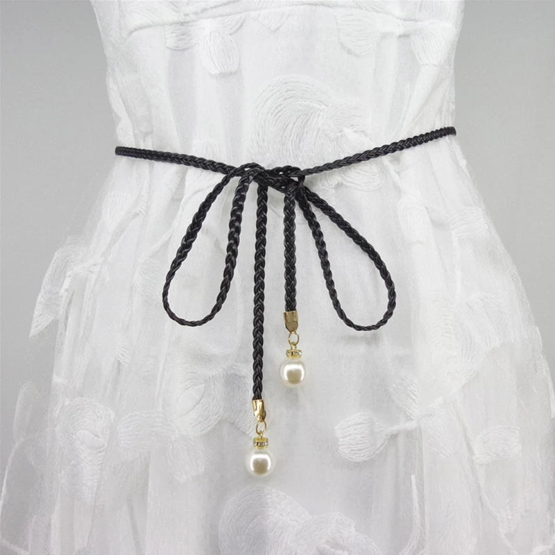 Braided Pearl End Belt with Hanging Pearl Charms