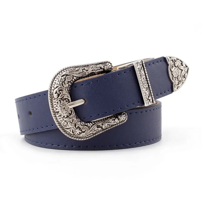 Adjustable Western Belt with Ornate Engraved Buckle - Blue