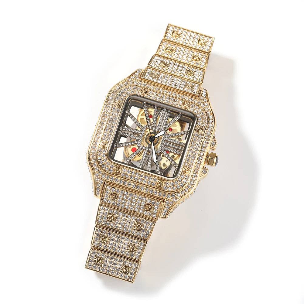Iced Out Skeleton Square Dial Watch With Diamond Pave