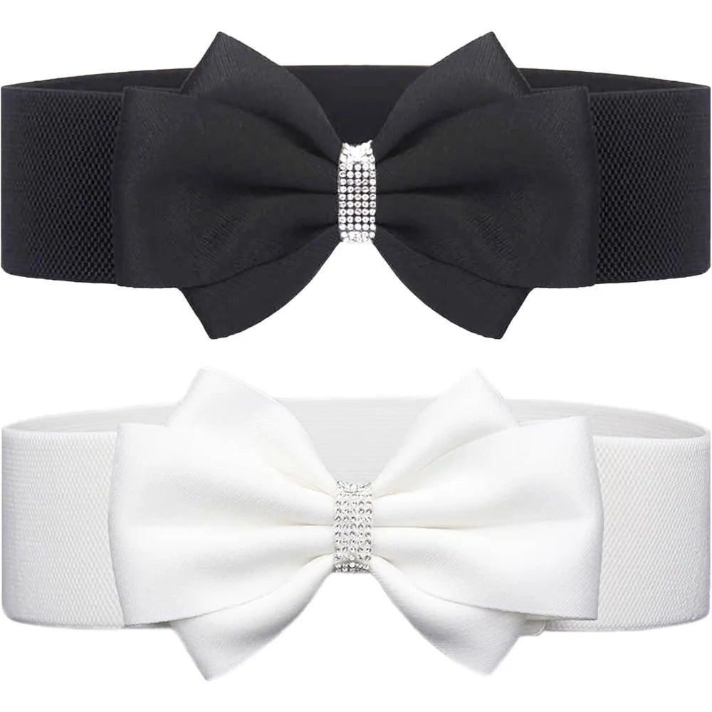 Elegant Elastic Bow Belt with Rhinestone Center