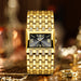 Elegant Womens Rectangular Dress Watch with Crystals - Gold Black