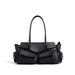 Genuine Cow Leather Shoulder Bag with Front Pockets - Black