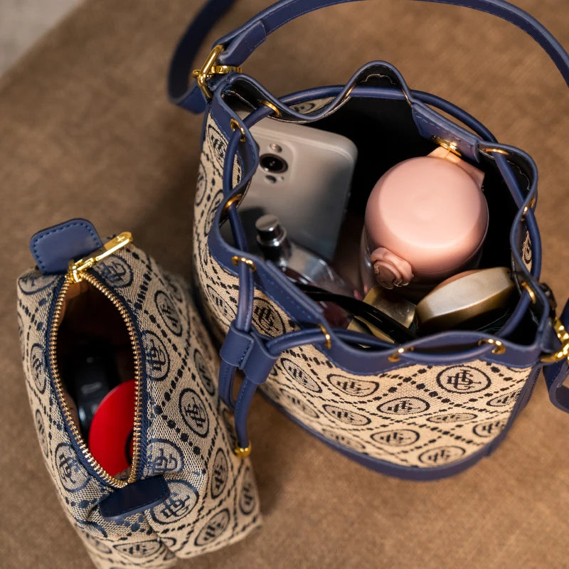 Bucket Bag Crossbody with Embroidered Monogram Pattern - WO2MEN