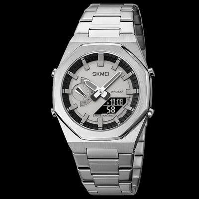 Hybrid Analog Digital Wristwatch with Water Resistant - Silver Black