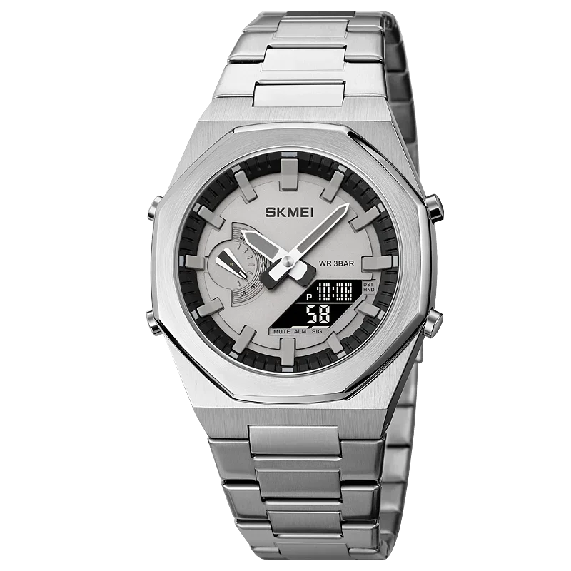 Hybrid Analog Digital Wristwatch with Water Resistant - Silver Black
