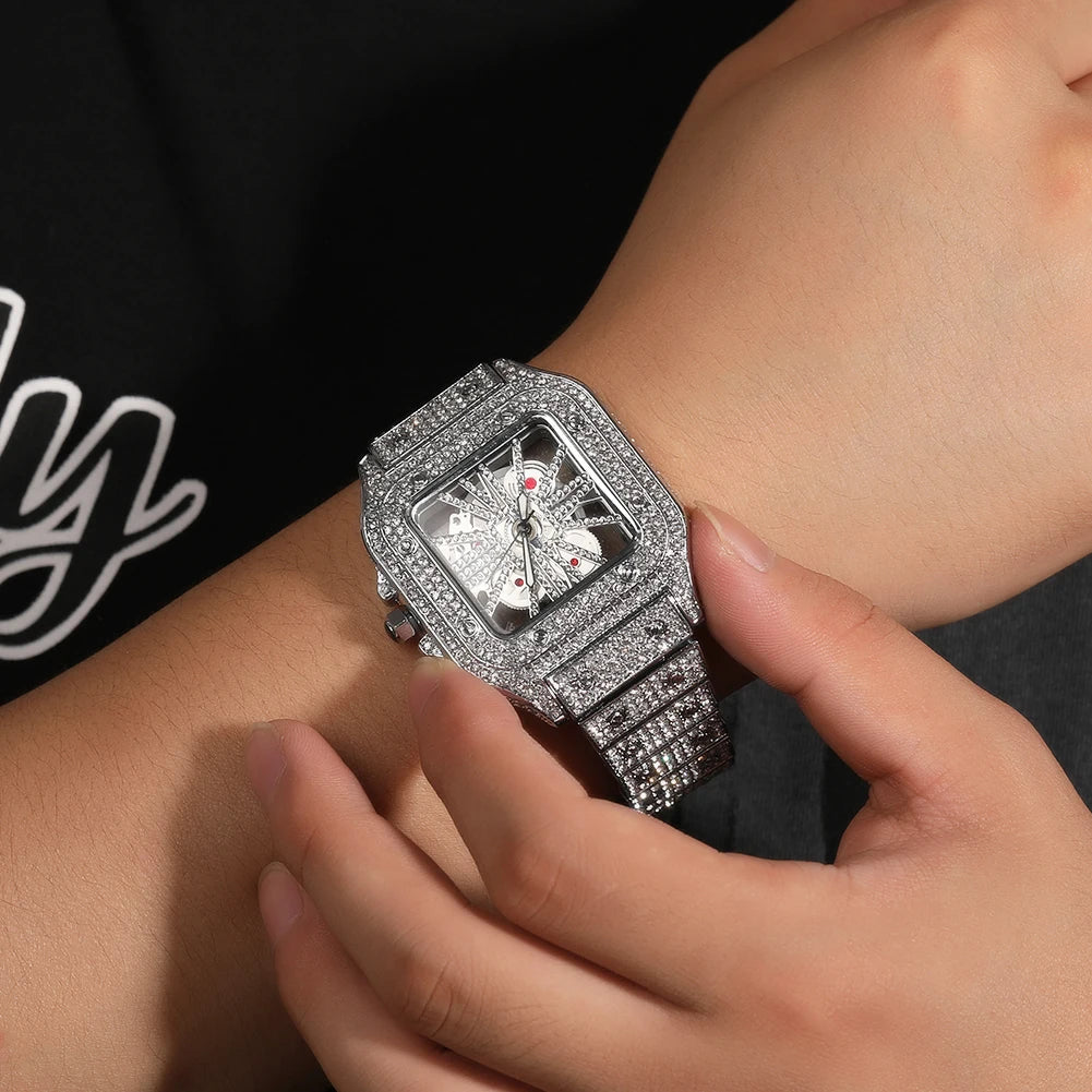 Iced Out Skeleton Square Dial Watch With Diamond Pave