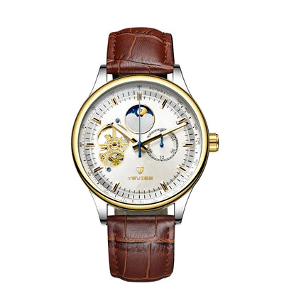 Skeleton Mechanical Watch Moon Phase Leather Strap - Golden White