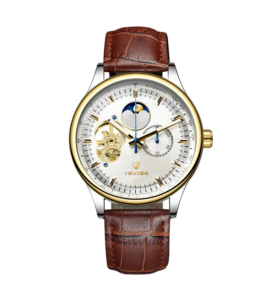 Skeleton Mechanical Watch Moon Phase Leather Strap - Golden White