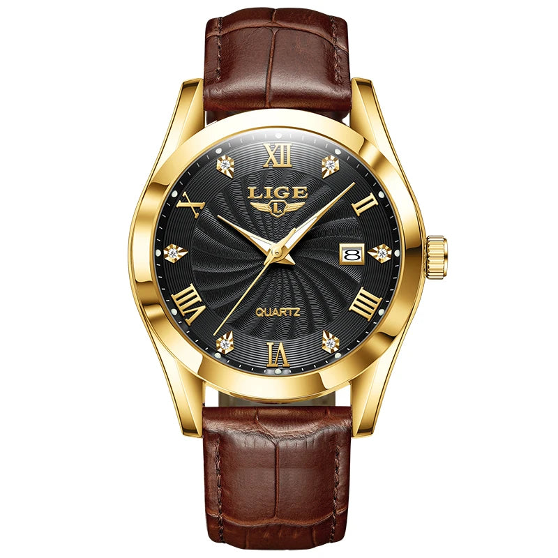 Watch with Leather Strap Roman Numeral Dial Timepiece