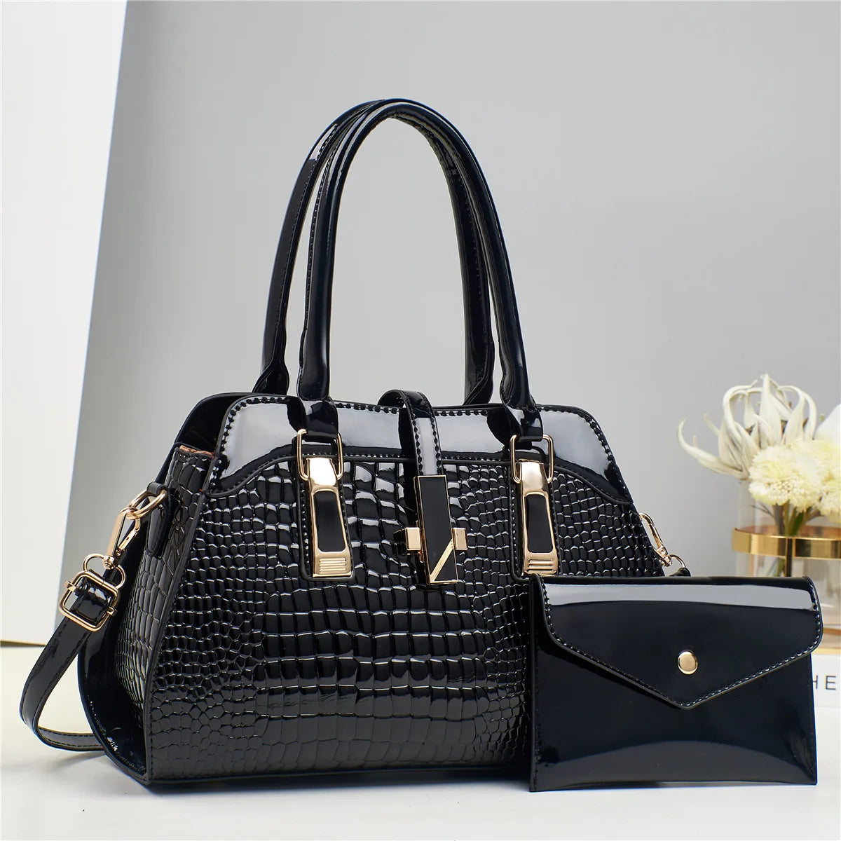 Crocodile Texture Handbag Tote with Top Handle