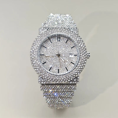 Diamond Paved Stainless Steel Watch with Luminous Dial