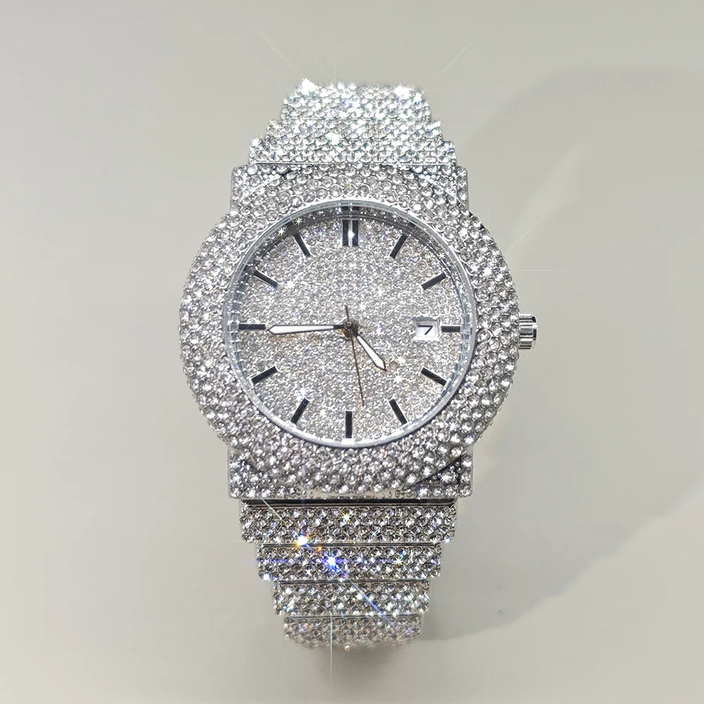 Diamond Paved Stainless Steel Watch with Luminous Dial - Silvery