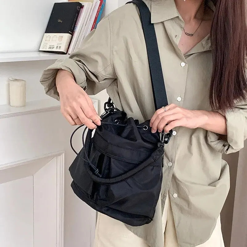 Nylon Waterproof Tote Bag with Drawstring and Detachable Strap