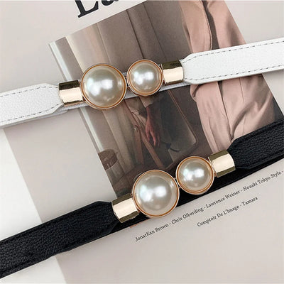 Korean Women Thin Elastic Belt Double Pearl Buckle