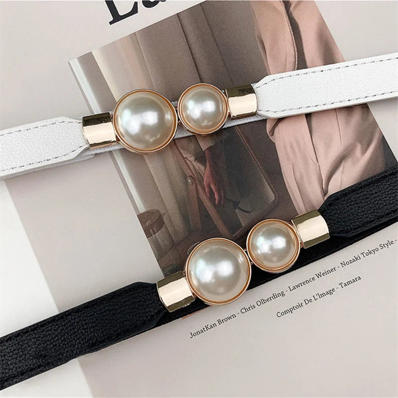 Korean Women Thin Elastic Belt Double Pearl Buckle