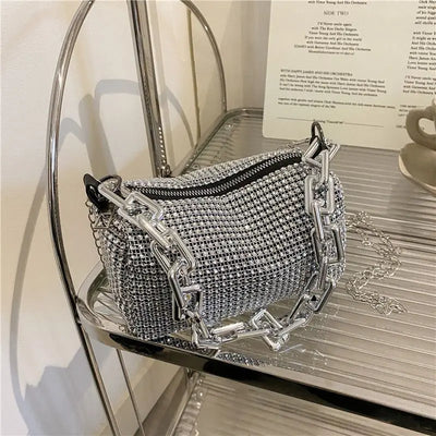 Rhinestone Cascade Bucket Bag With Crystal Chain Detail