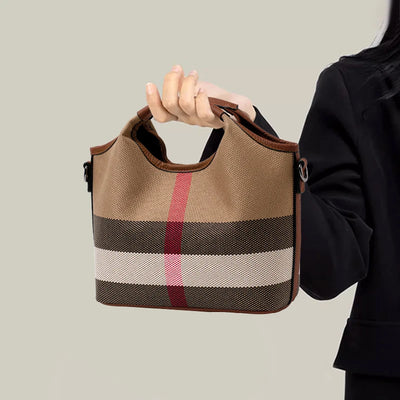 Plaid Canvas Tote With Top Handle And Removable Strap