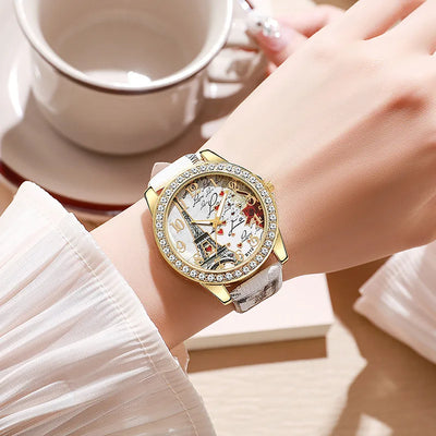 Eiffel Tower Dial Watch With Crystal Bezel Fashion