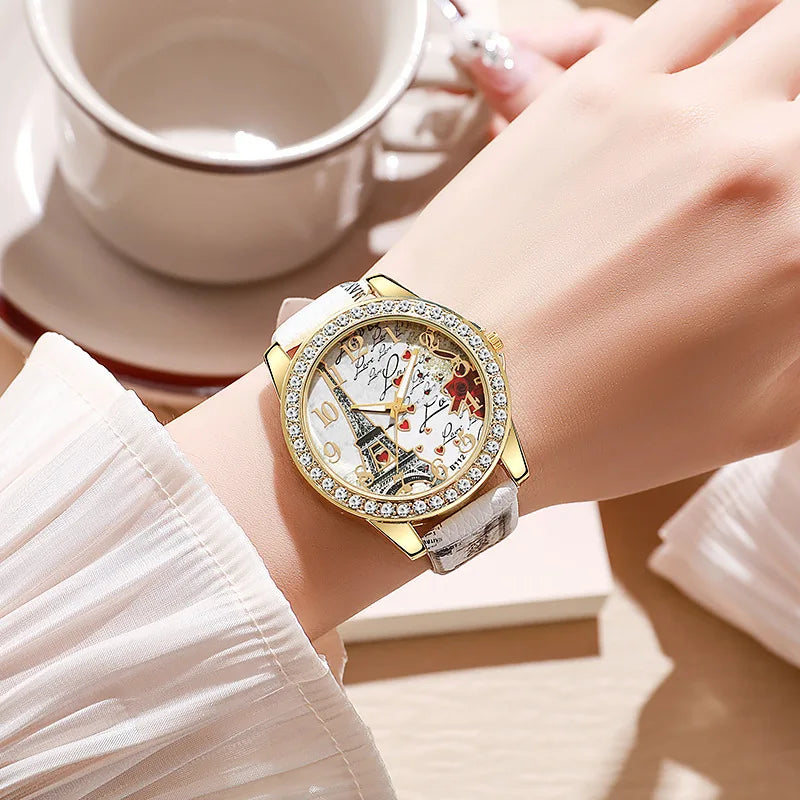 Eiffel Tower Dial Watch With Crystal Bezel Fashion