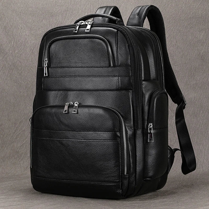 Double Layer Leather Backpack for Men with USB Charging - Black