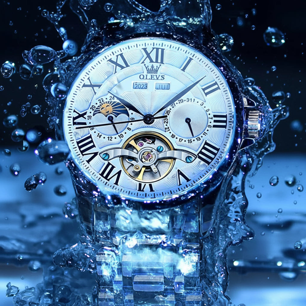 Moon Phase Mechanical Skeleton Watch With Roman Dial