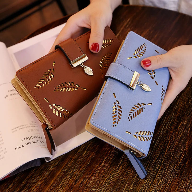 Leaf Motif Zip Wallet with Metallic Clasp and Charm
