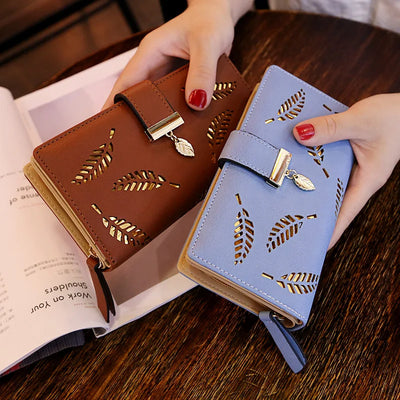 Leaf Motif Zip Wallet with Metallic Clasp and Charm