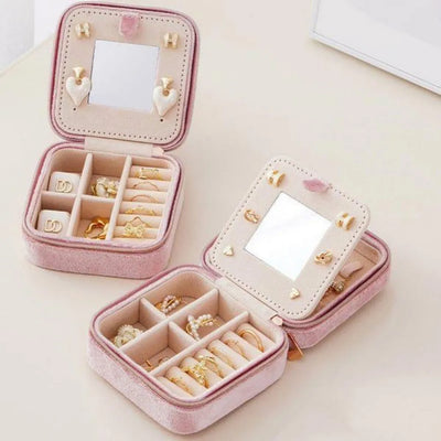 Velvet Double Layer Jewelry Box with Mirror Travel Case