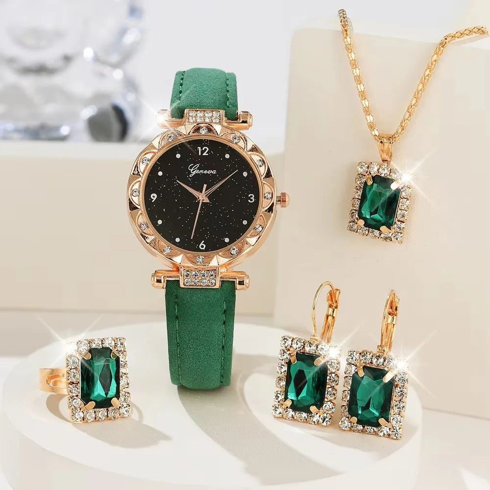 Wristwatch with Rhinestone Bezel Leather Strap