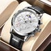Elegant Moon Phase Chronograph Watch with Leather Strap - Silver White