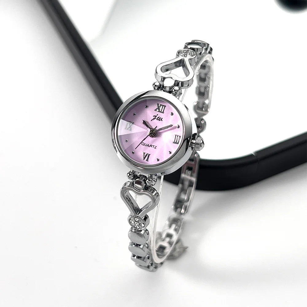 Women's Bracelet Watch with Heart Link Design - Silver Pink
