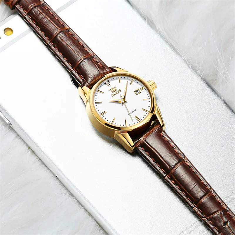Automatic Calendar Wristwatch with Leather Strap