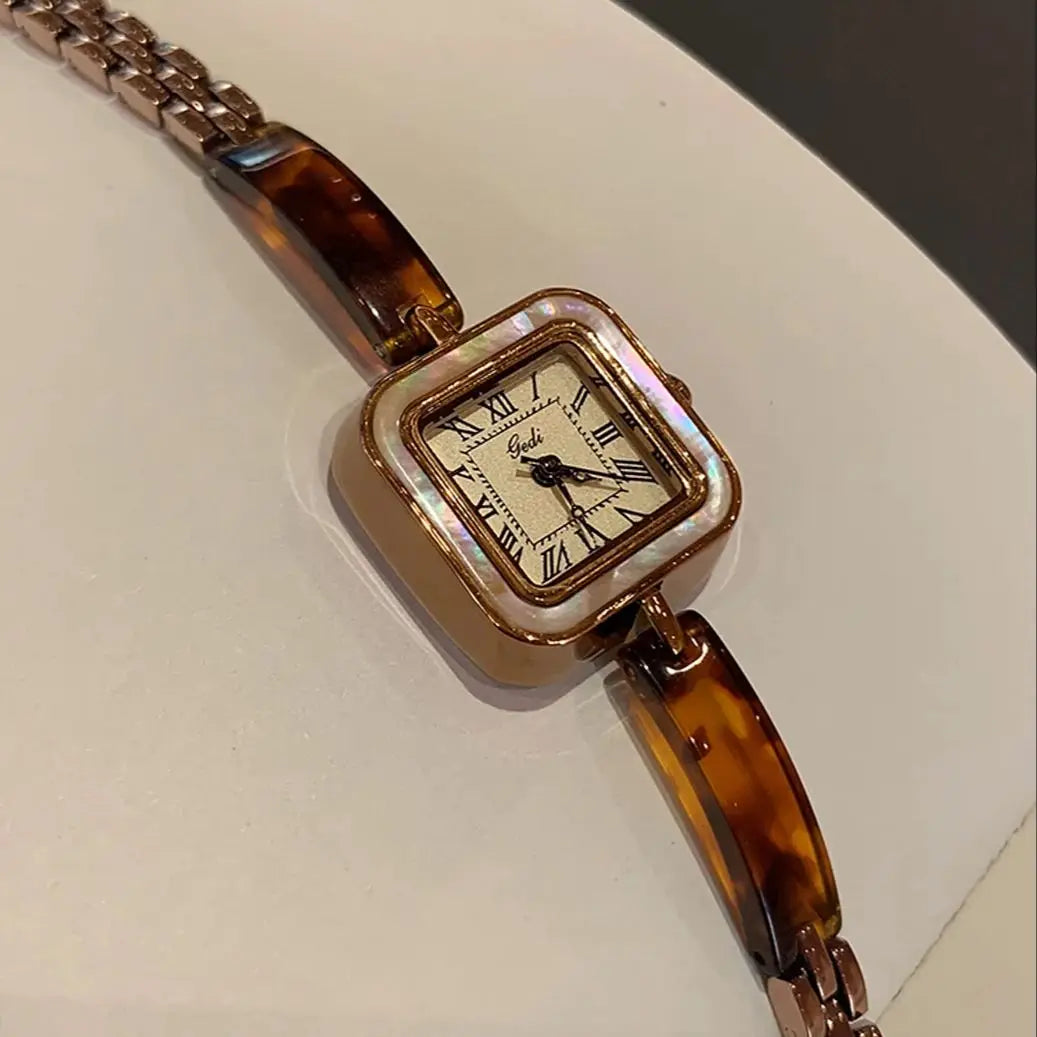 Vintage Square Dial Quartz Watch with Amber Bracelet