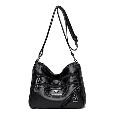 Crossbody Bag with Multiple Pockets and Zippered Front - Black