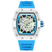 Skeleton Dial Quartz Wristwatch with Tonneau Case - White Blue