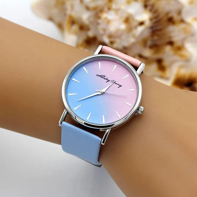 Ladies Watch Gradient Dial Quartz Movement Round Case - Pink Skyblue