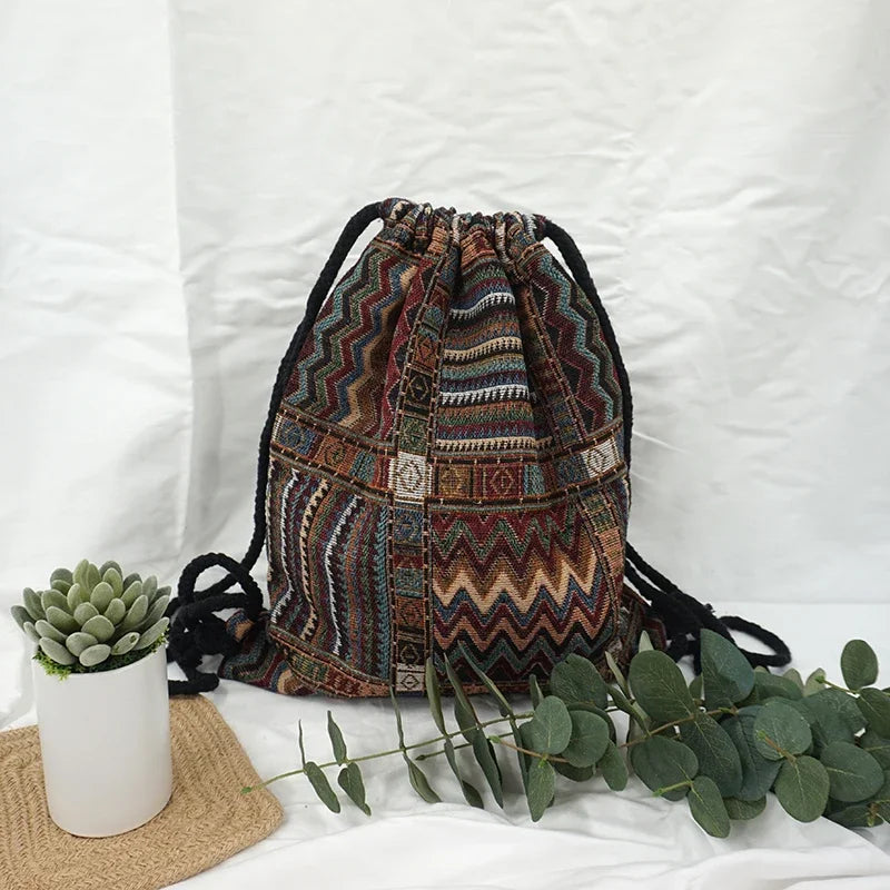Backpack Drawstring Ethnic Pattern Bag Boho Chic