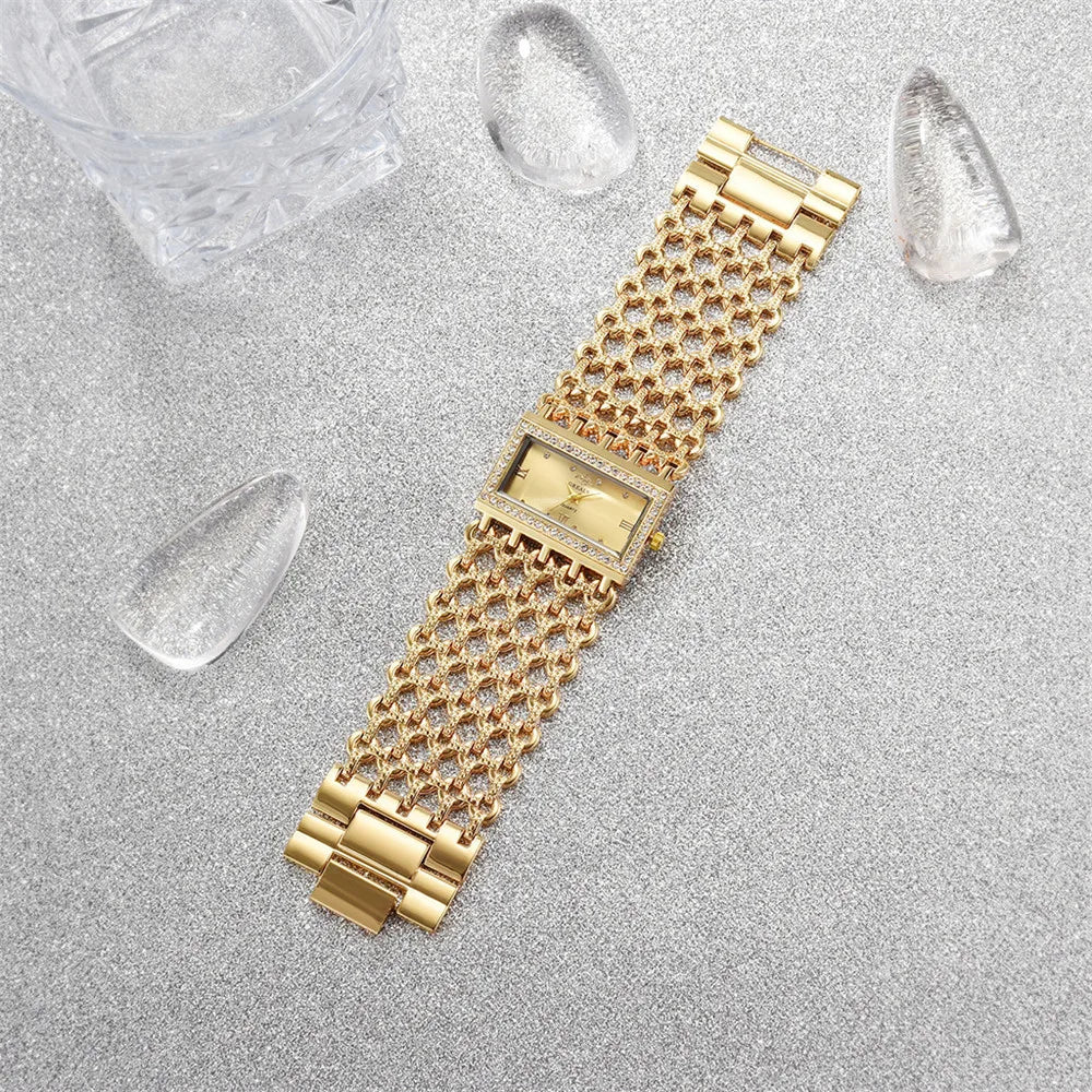 Rectangular Quartz Watch with Crystals And Bracelet