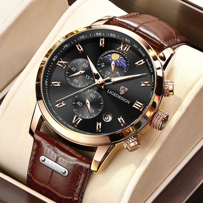 Men Leather Strap Watch Moon Phase Chronograph