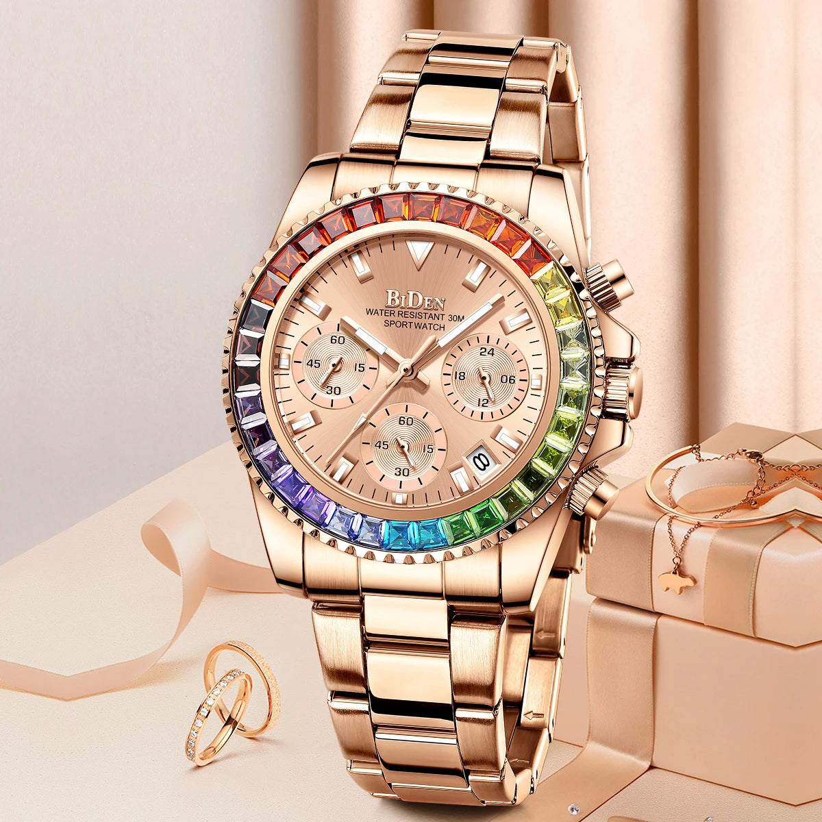 Elegant Chronograph Watch with Calendar and Stopwatch