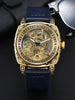 Skeleton Mechanical Watch Openwork Dial Luminous Hands - Gold Blue