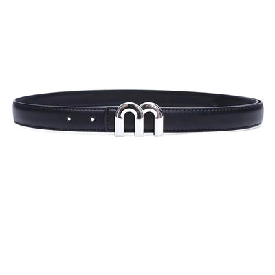 Women's Belt Silver Buckle with Double Arch Design - Black
