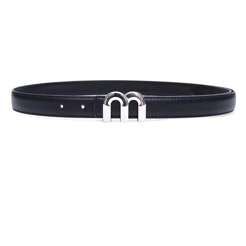 Women's Belt Silver Buckle with Double Arch Design - Black