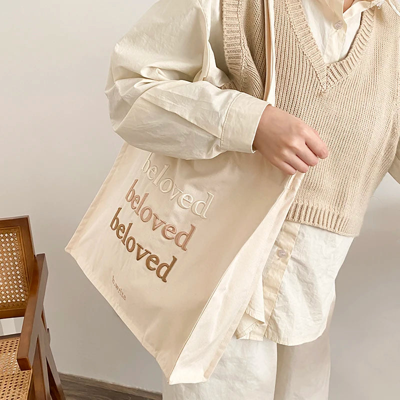 Embroidered Tote Bag for Daily Use with Beloved Motif