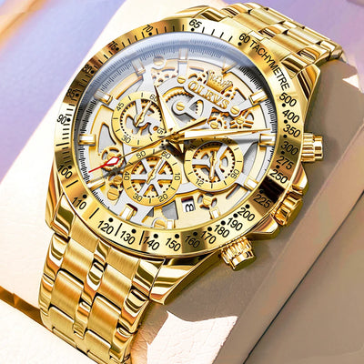 Gold Skeleton Dial Quartz Watch with Chronograph - Gold White