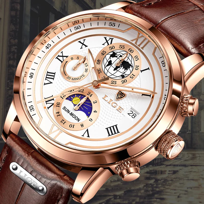 Moon Phase Chronograph Watch with Roman Numeral Dial