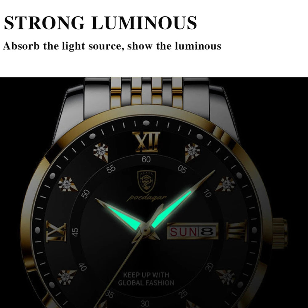 Luminous Wristwatch with Day and Date Crystal Markers